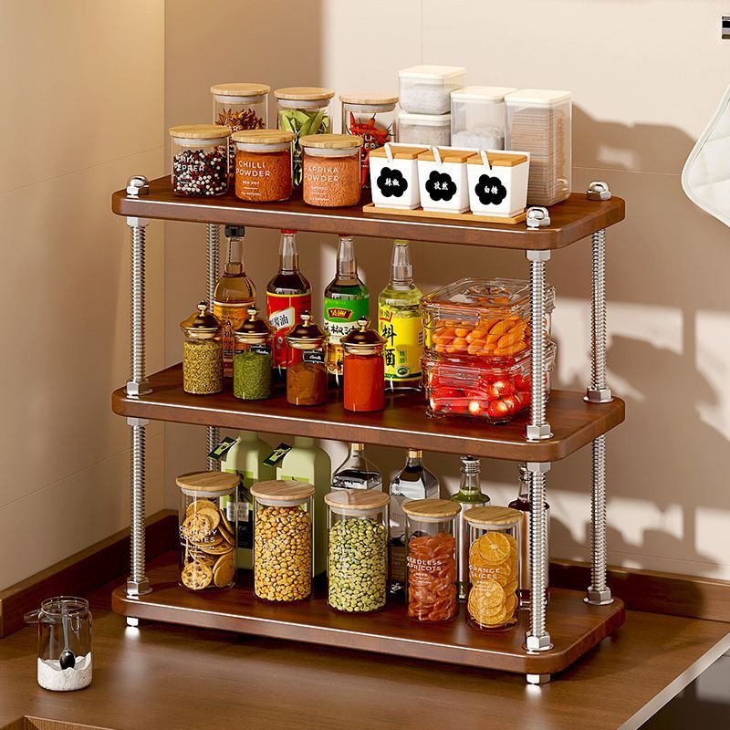 Vintage-Style Kitchen Corner Storage Rack for Home Use, Corner Countertop Seasoning Rack for Spices, Soy Sauce, and Vinegar, Layered Seasoning Rack