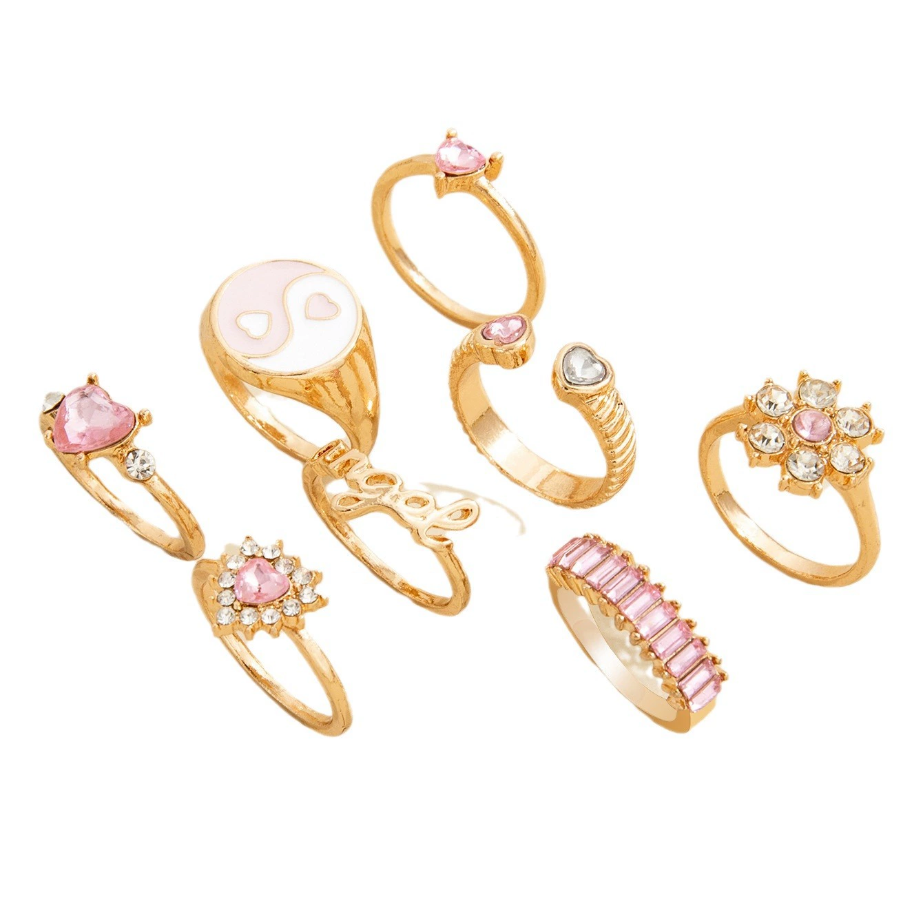 Комплект колец Pink Yinyang Floral — европейский стиль, сплав, с бриллиантами, 8 предметов