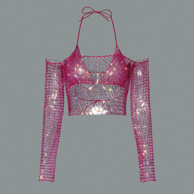 European and American Spice Girls Sexy Rhinestone Chest Wrap Top Half Long Sleeve Fishnet Vest Music Festival Wear Two-piece Set