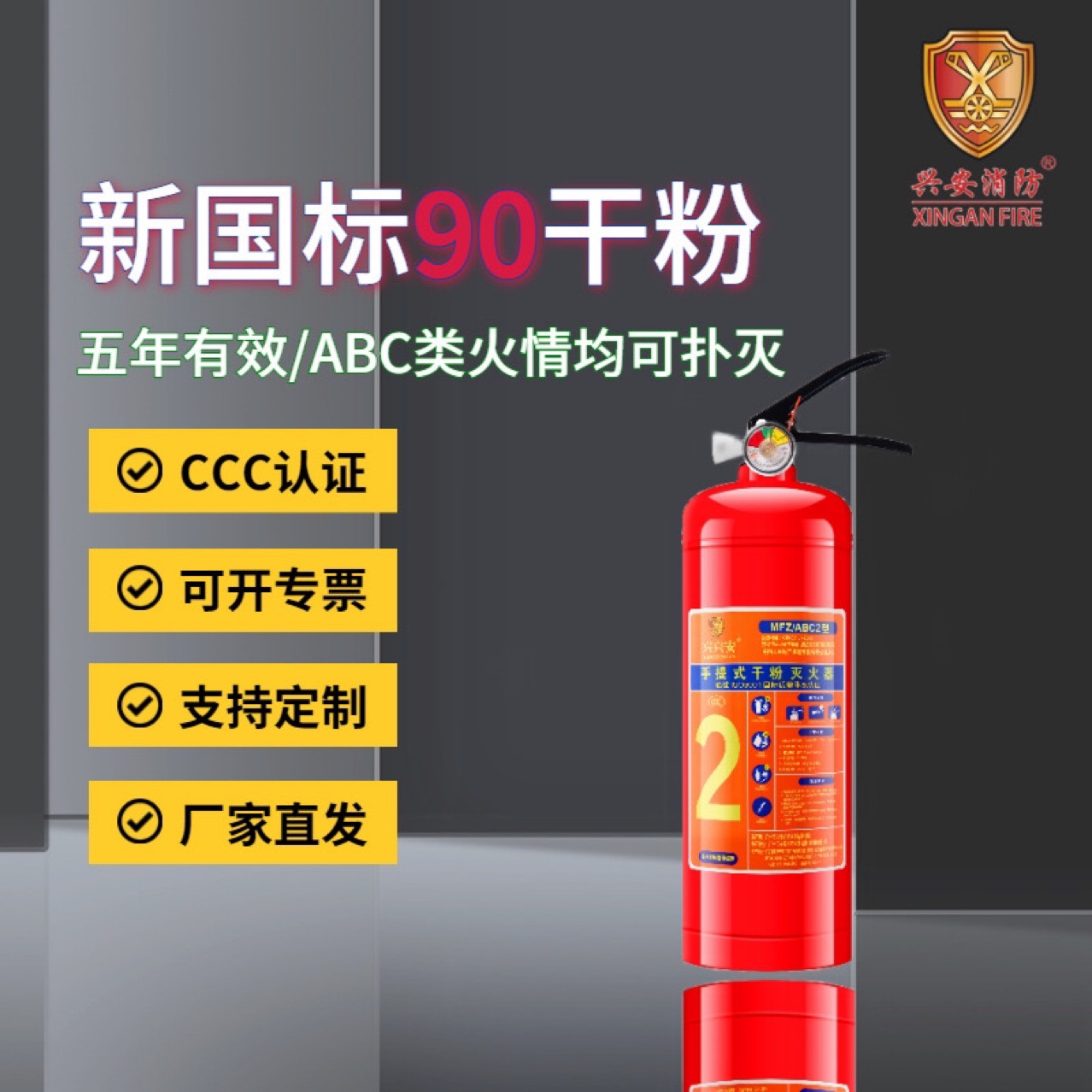兴安灭火器手提式干粉灭火器2公斤家商用酒店灭火气器瓶消防器材