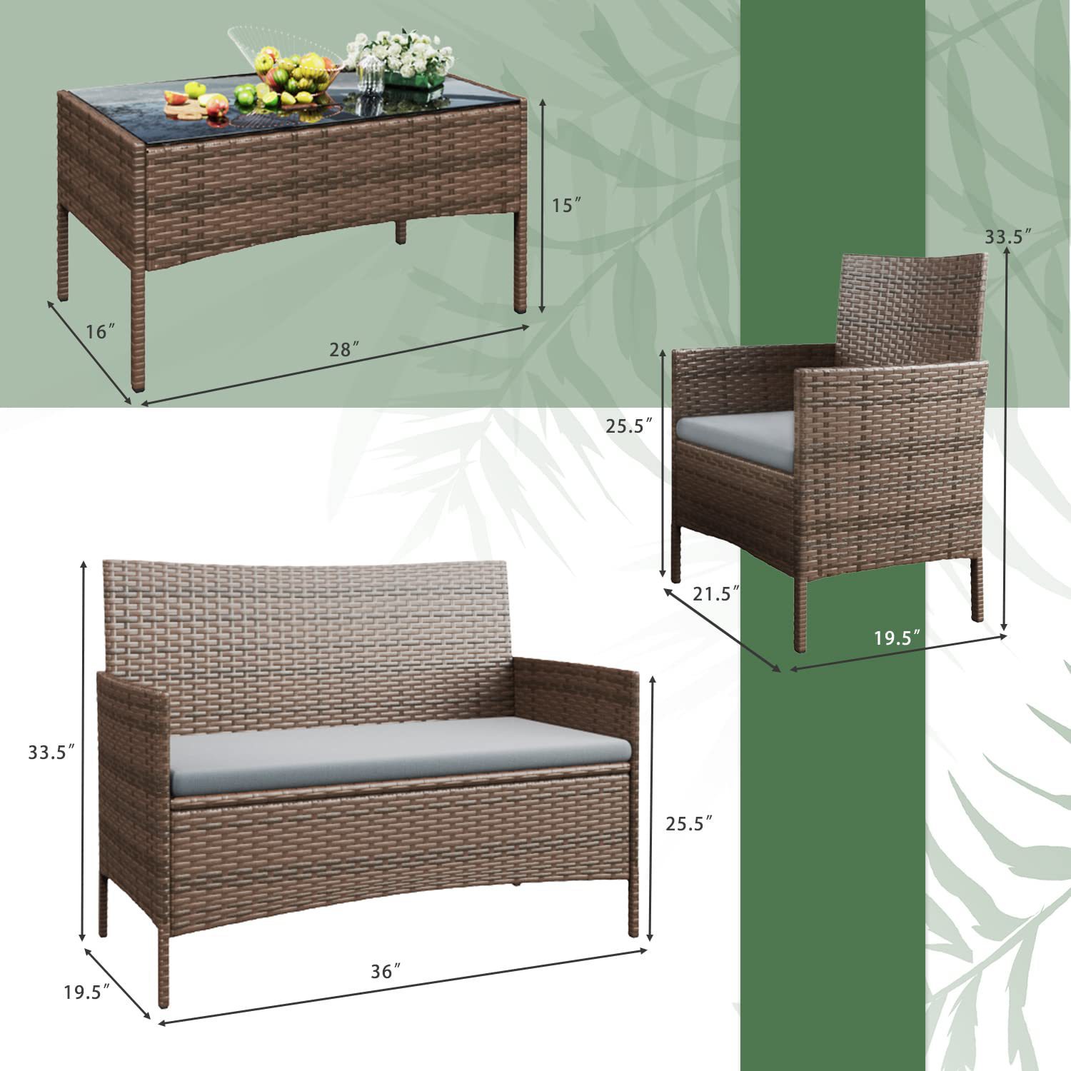 Villa patio exterior mesa de caña y silla de cuatro piezas set balcón de tela de caña mesa de té combinación