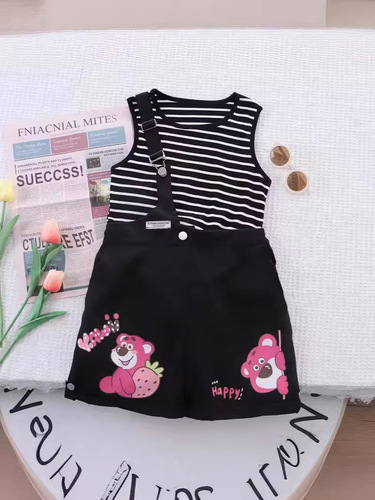 Summer new style girls two-piece suit striped vest shoulder strap shorts cartoon print fashion Kuromi