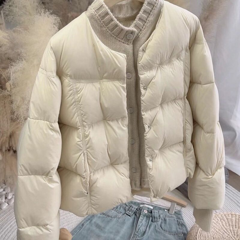 Women's Small Fragrant Style Knitted Splicing Short Thickeneded Warm Cotton Jacket Gray Off-White Black Light Green with Tag