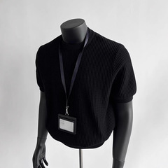 ブラック カフス ウエスト ニット Tシャツ メンズ 夏 アメリカン ワッフル テクスチャー 右肩 スリム 半袖 五分袖