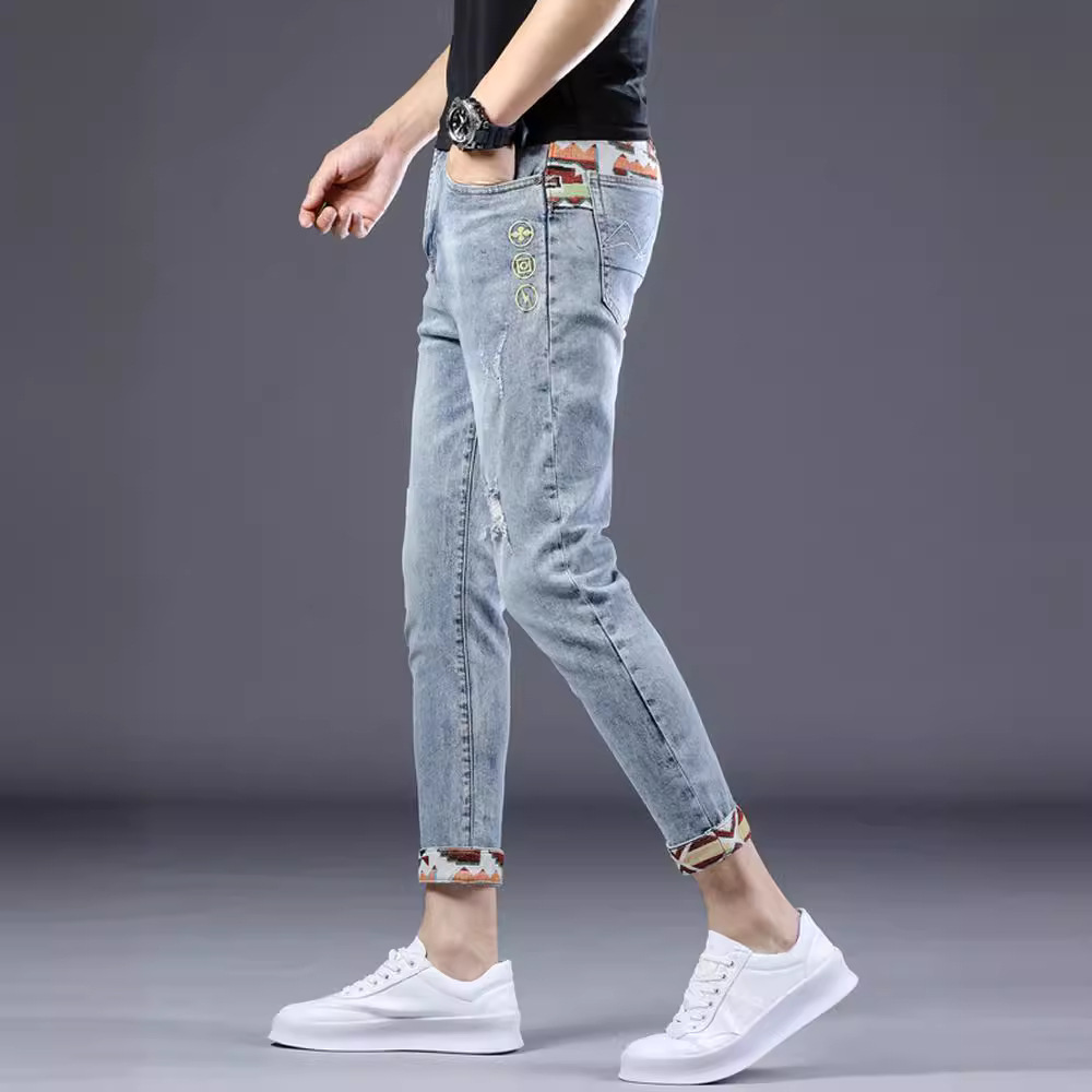brand embroidered denim jeans for men in summer, thin Korean version, trendy casual, slim fit, small foot_voghion.com