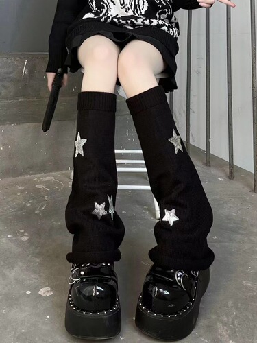 Y2K subculture JK socks for women, black long tube calf socks, knitted sock covers with stars, leg warmers, trendy puffy socks