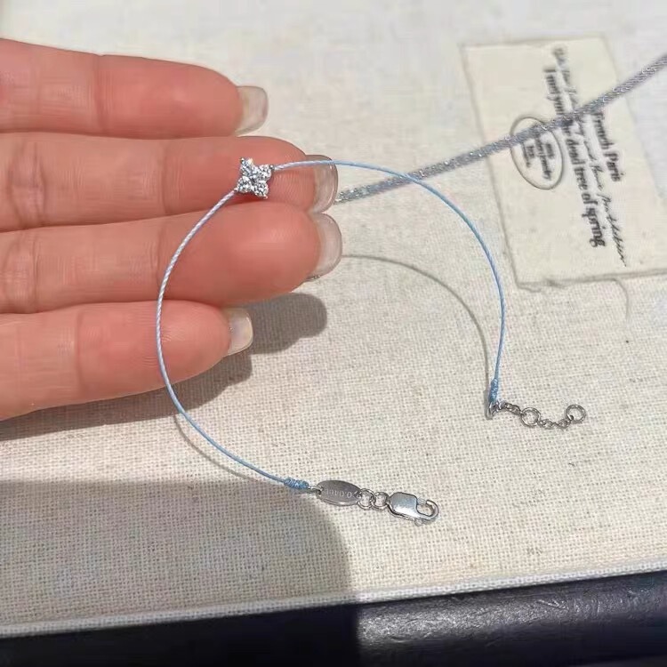 French Paris Small Red Rope Sky Blue Four-Leaf Clover Bracelet for Women Extremely Thin Mini High-End Niche Design Stacked Bracelet