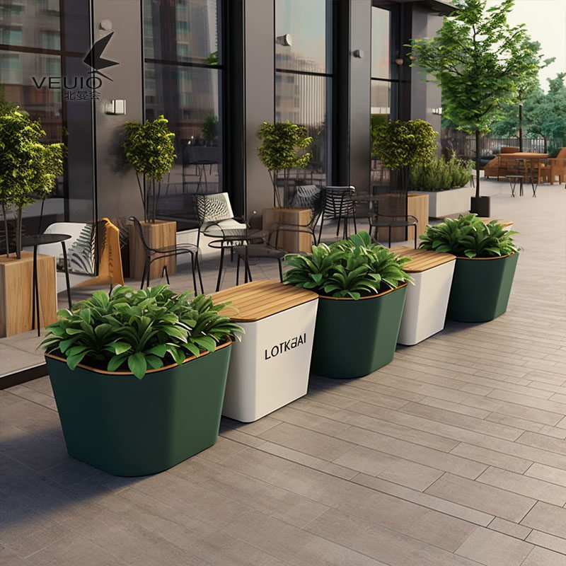 Outdoor flower box and seating combination, commercial street plaza, sales office, leisure benches, flower troughs, galvanized steel landscape flower boxes