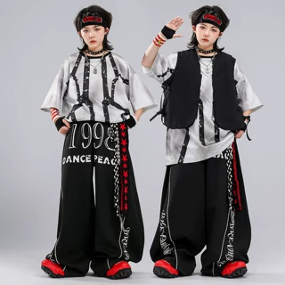 hiphop街舞童装嘻哈潮牌儿童潮服男童宽松短袖条纹炸街演出服男孩