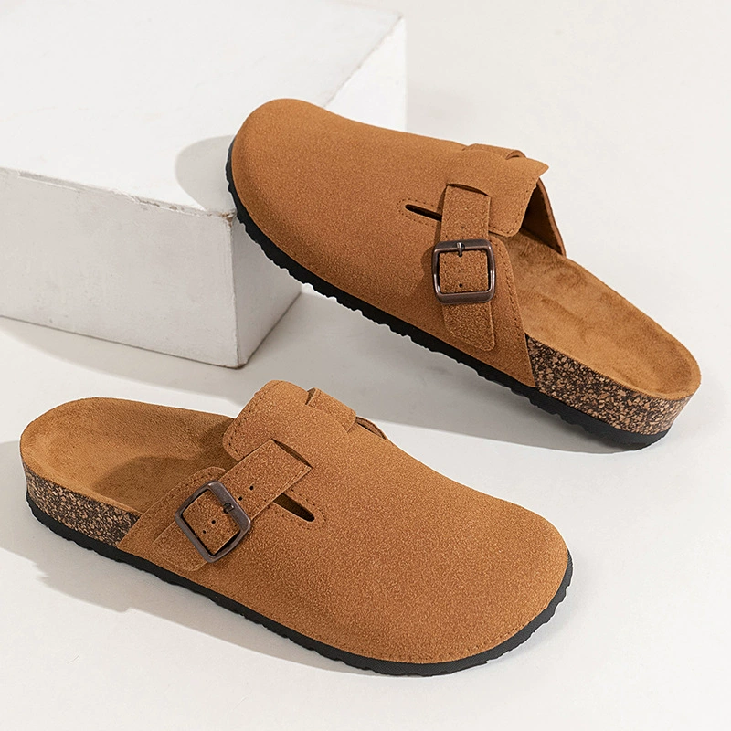 Slip‑on platform beach slippers, buckle detail, lightweight cork‑style footbed, sizes 36–47