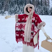Трансграничная утолщеная шерстяная клетчатая шаль носить плащ ретро рекс кролик меховый воротник с капюшоном куртка женский плащ