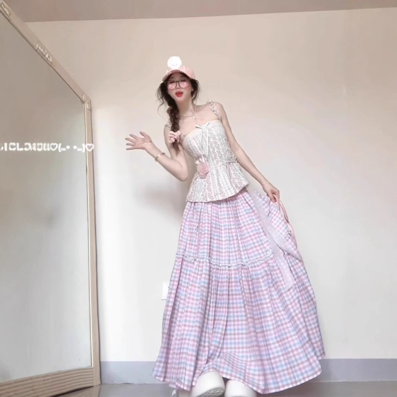 [Factory Ready Stock] Colorful Plaid Skirt with Lining, Summer Gentle Large Hem Umbrella Skirt, Slimming Look A-Line Long Skirt
