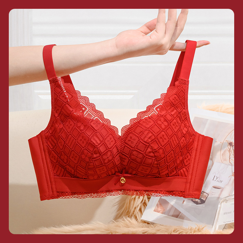 Modal red birth year underwear suit women's small chest push up upper support anti-sagging wedding bridal bra
