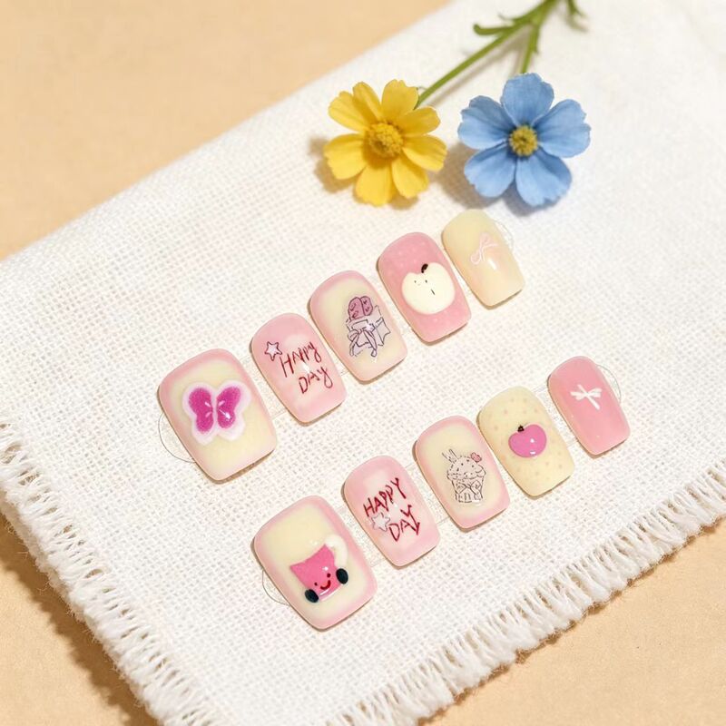 Cross-Border Japanese and Korean Sweet Pink Bean-Shaped Press-On Nails, Cute and Fresh, Brightening Effect, Removable, Size-Specific Nail Tips Wholesale Cross-Border Japanese and Korean Sweet Pink Bean-Shaped Press-On Nails, Cute and Fresh, Brightening Effect, Removable, Size-Specific Nail Tips Wholesale