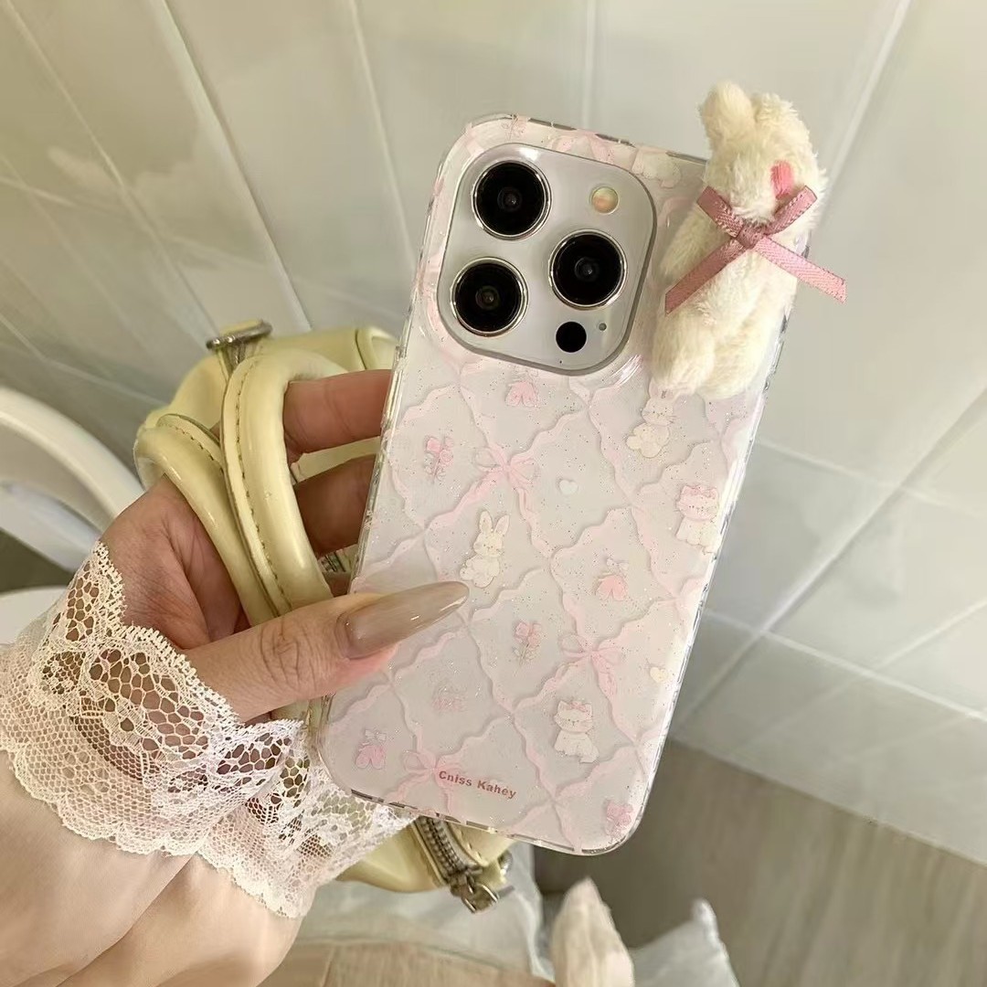 Lingge Bowknot Bunny para iPhone15/16 Flower Bunny 14pro lindo 16ProMax Girl Heart