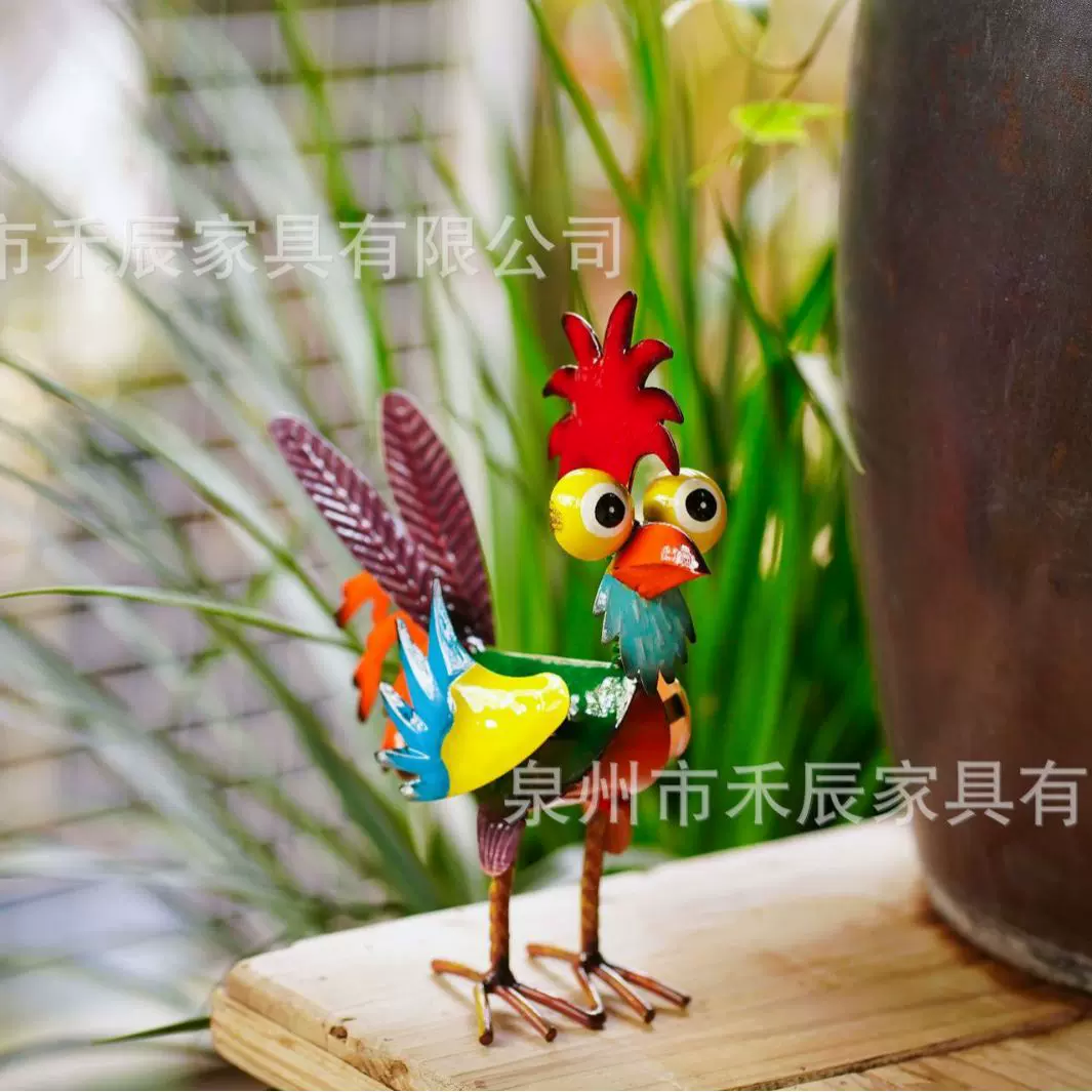 美式庭院室内桌面彩色立体小公鸡动物装饰园艺摆件创意铁艺工艺品