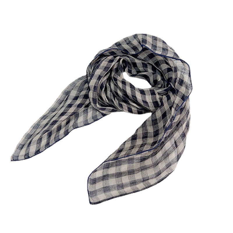 Retro Karomuster Leinen Seidenschal Damen Sommer Halstuch Accessoire_voghion.com