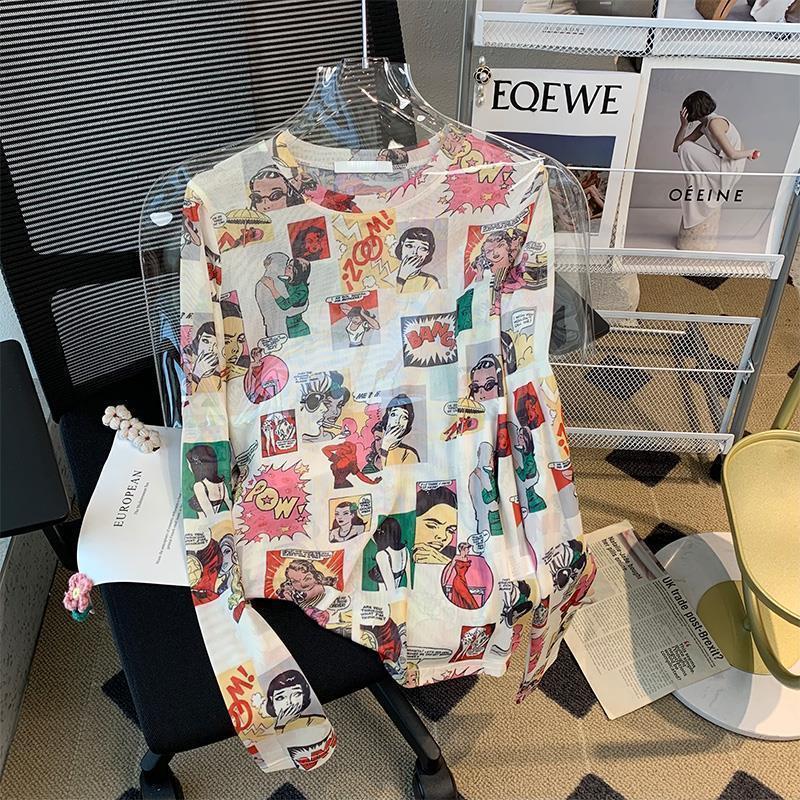 女性用日焼け止め服、女性用夏用薄手長袖Tシャツ、プリントメッシュボトムシャツ、ガーゼインナー、アイスシルクトップス、ブラウス|undefined