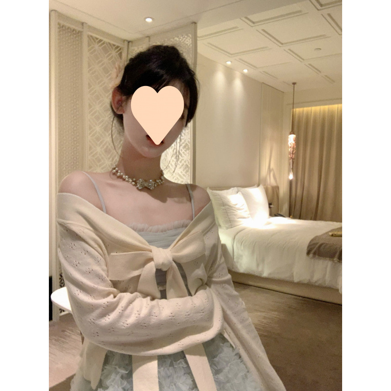 大码女装夏季重工蝴蝶结雪纺纱吊带公主裙+镂空晒针织衫两件套|undefined