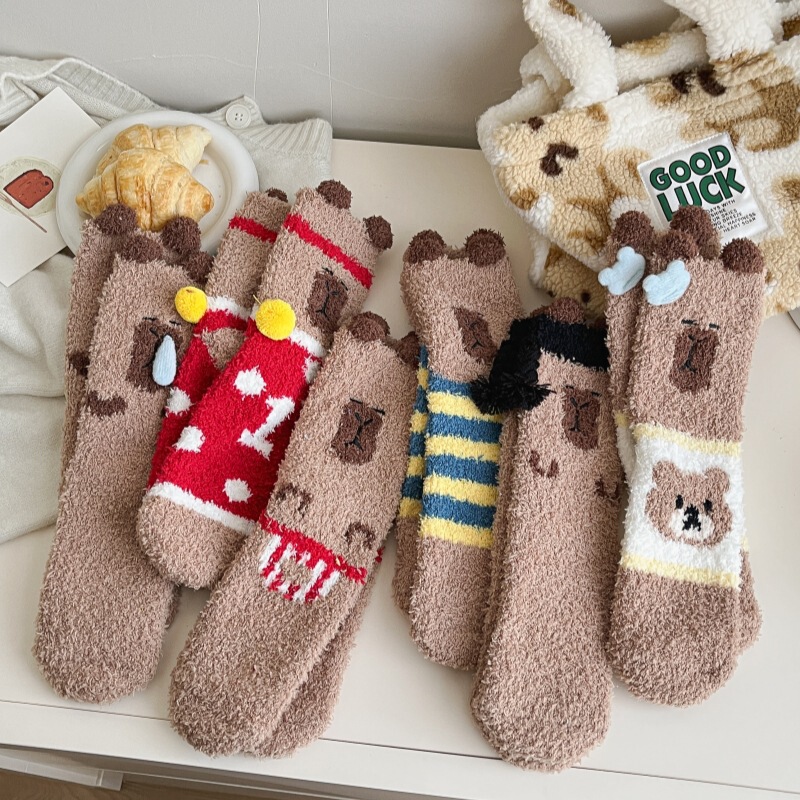 Coral Fleece Socks Women Winter Thick Cartoon Embroidery Women Socks Home Stuffed Sleeping Socks Floor Women Sleep Socks