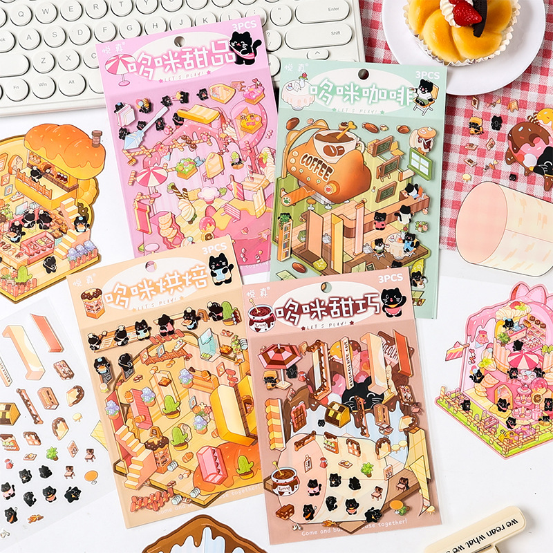 Taller Domi 3D estereoscopio paisajismo pegatinas pet diy creativo miniatura escena pegatinas de dibujos animados puzzle pegatinas impermeables transparentes