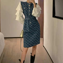 小香风套装女时尚名媛气牛仔连衣裙女春秋两件套收腰显瘦中长款裙