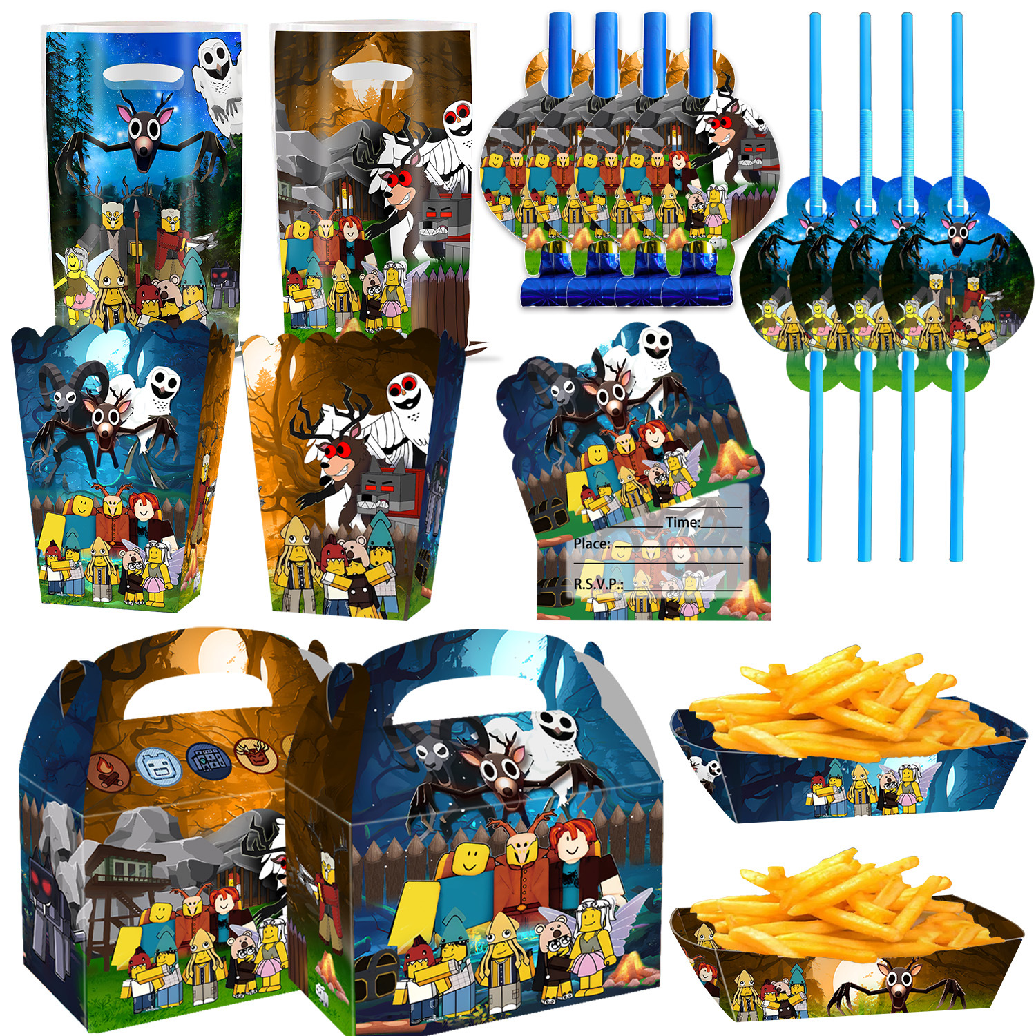 New 99 Nights in the Forest Theme Party Supplies Party Decoration French Fries Box Rice Krispie Box Straw Blowing Dragon