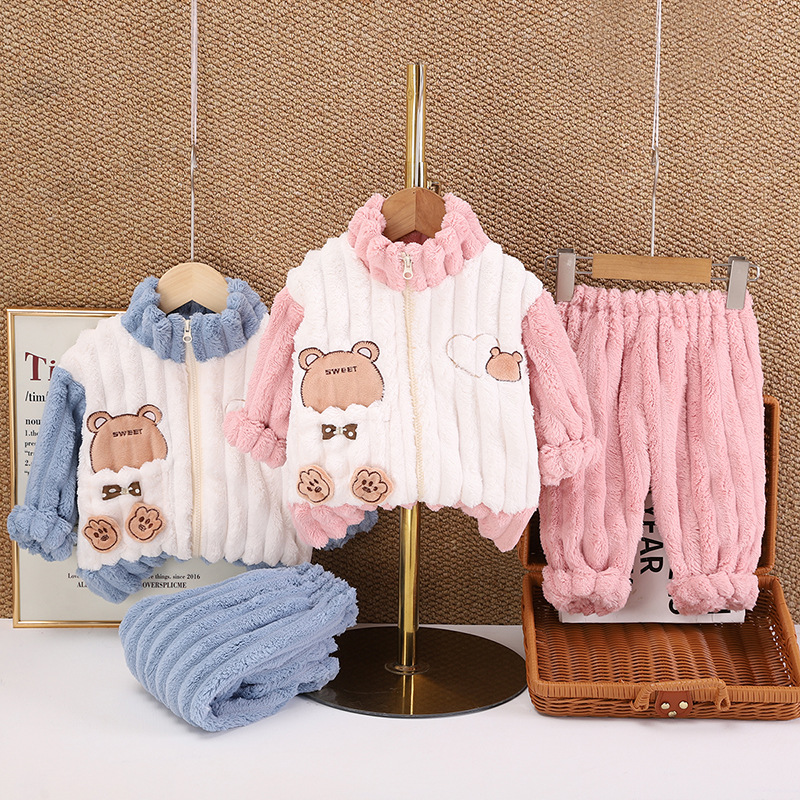 Hombres y niñas invierno ropa casera con cremallera nueva ropa de bebé con pijamas de peluche gruesas de dos piezas