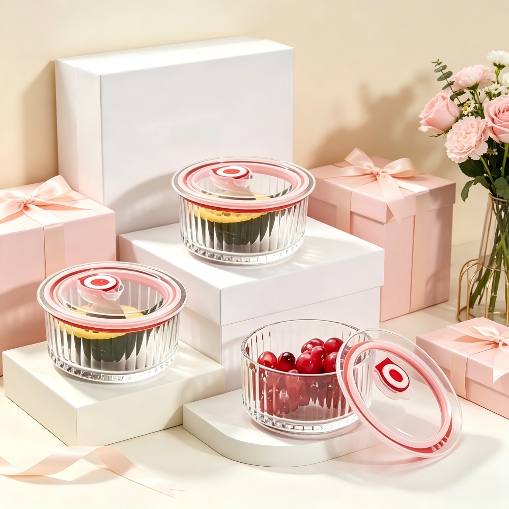 Glass vertical strip design, set of two or three airtight food storage containers with lids, suitable for heating food