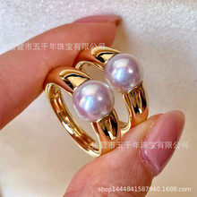 AKOYA海水白珍珠戒指简约经典款强光正圆开口可调节指环925银