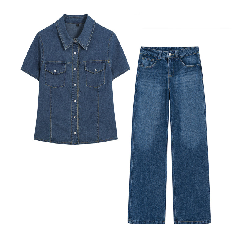 Cross-border e-commerce: New European and American style retro washed denim slim-fit short-sleeve top and denim pants set