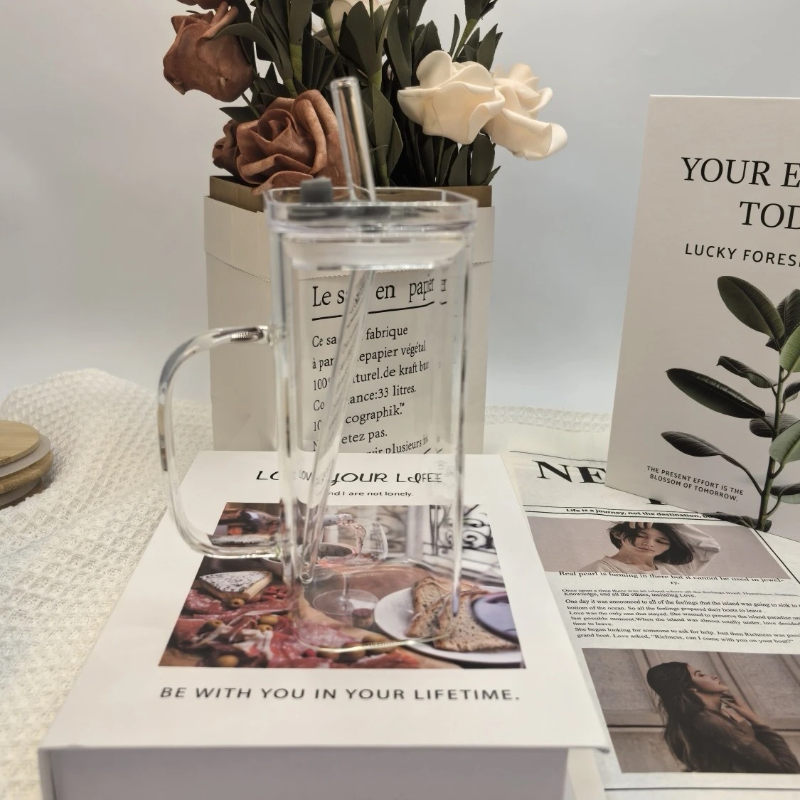 Manufacturer's High-Looking Glass Cup with Large Capacity and Handle Straw Cup Household High Borosilicate Glass Flat Bottom Color Cup