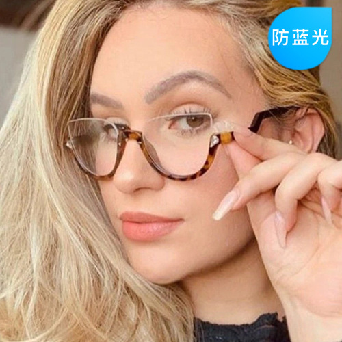 Half-frame rhinestone vintage plain glasses  European and American cat-eye trendy anti-blue light eyeglass frames ins eyewear frames