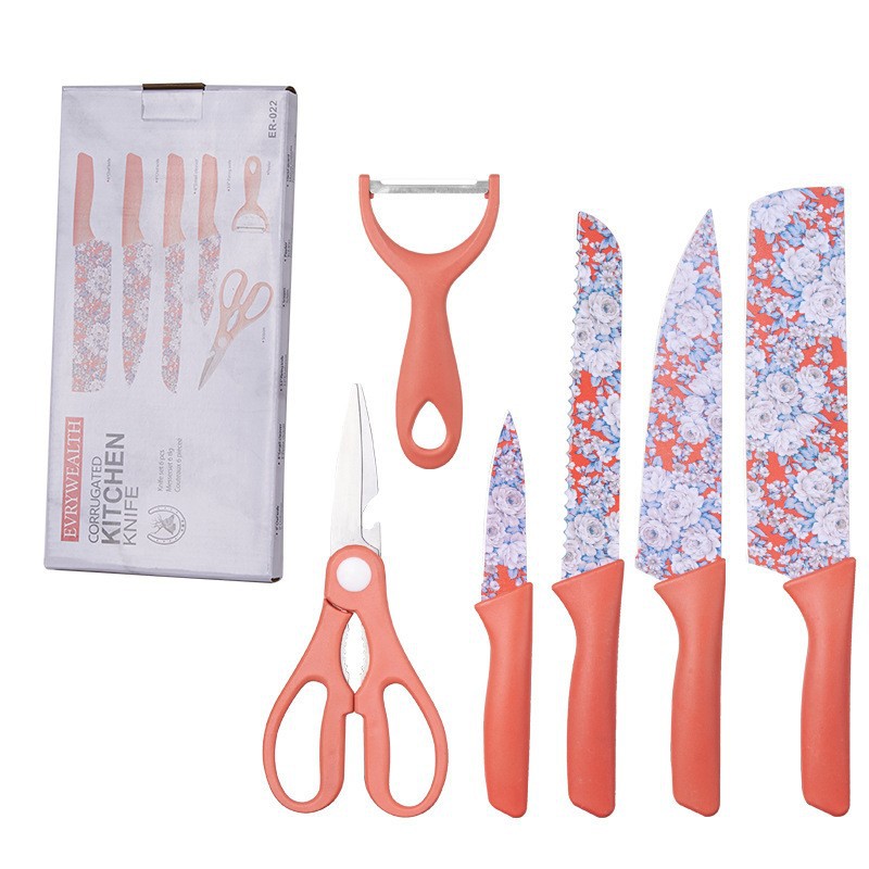 Cuchillos de acero inoxidable spot de venta transfronteriza seis piezas de cuchillos de cocina cuchillo de impresión de jazmín conjunto