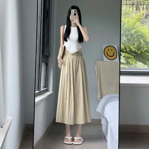 ZHIBAOBI Design Sense Mountain Length Skirt for Women, Elastic Waist High-Waist Slimming A-Line Personality Half-Body Umbrella Skirt, Instagram Style