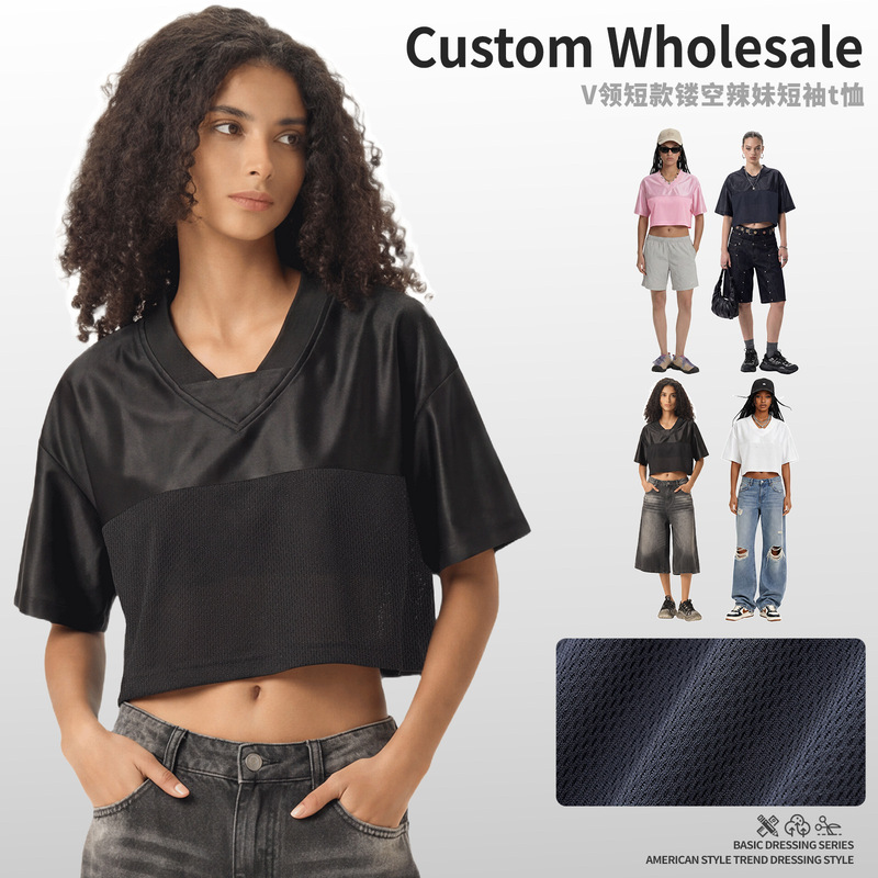 Summer Cross-Border European and American Style Hollow-Out Short Crop Top Mesh Crop Top Breathable American-Style Slim Fit V-Neck T-Shirt for Women