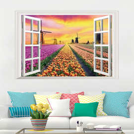 跨境墙贴定制图片花地风景画山水海报3D仿真窗户贴纸防水自粘墙纸