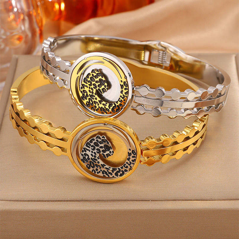 Brazalete de acero de aluminio de aluminio de estilo europeo y americano de moda transfronteriza disco leopardo abierto dominante no se desvanece joyas de brazalete