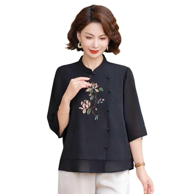 Новая китайская мама весенняя шифоновая рубашка 2025 новая средняя и пожилая женская летняя футболка благородная леди иностранный топ