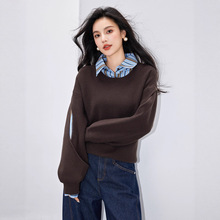 韩系设计感假两件拼接镂空毛衣女2025冬新款衬衫领拼色长袖针织衫