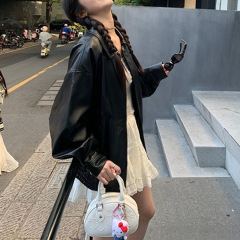 2025秋季新款一见钟情vtg黑色皮衣女复古美式老爹夹克外套女