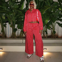 欧美红色条纹长袖衬衫上衣非洲女装时尚洋气休闲高腰阔腿裤两件套