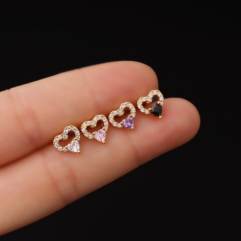 Simple Style Heart Shape Copper Plating Hollow Out Zircon Ear Studs