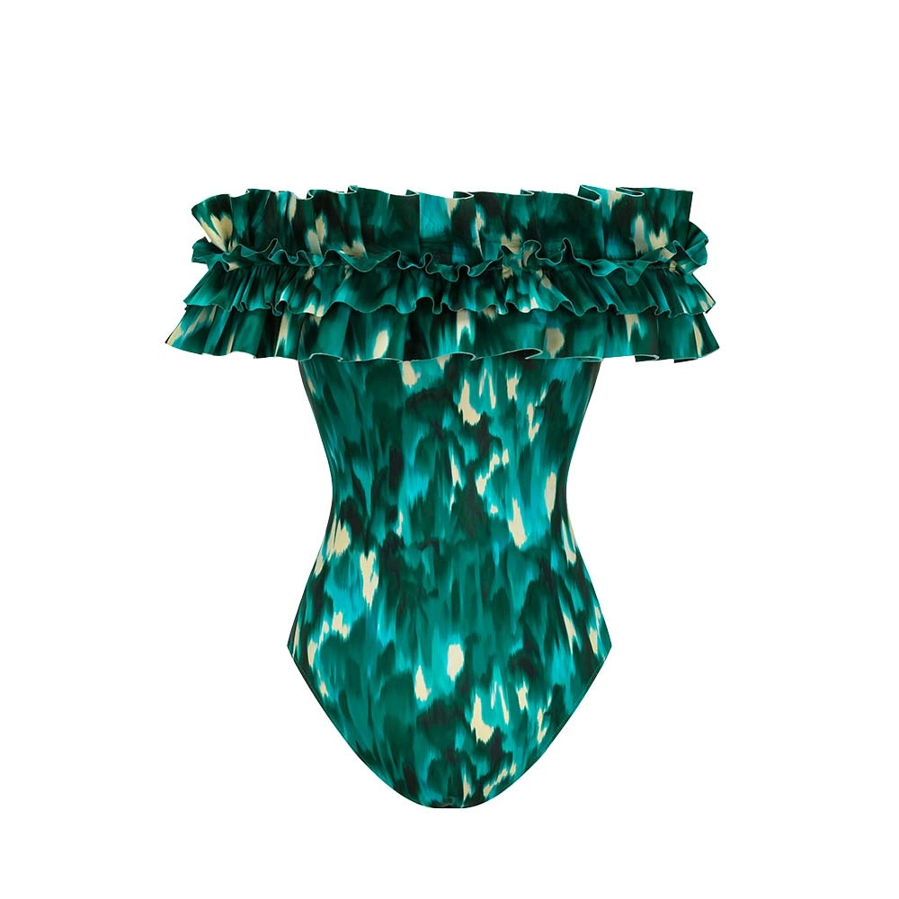 Women's Green Ink Painting Print Strapless Ruffle One Piece Swimsuit American Style Sexy Vacation Suit For All Seasons_ecoleips.com