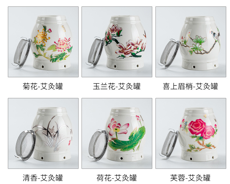Ceramic Moxibustion Jar Multi-Purpose Home Facial Moxa Box with Steel Mesh and Cloth Cover for Warming Therapy overview
