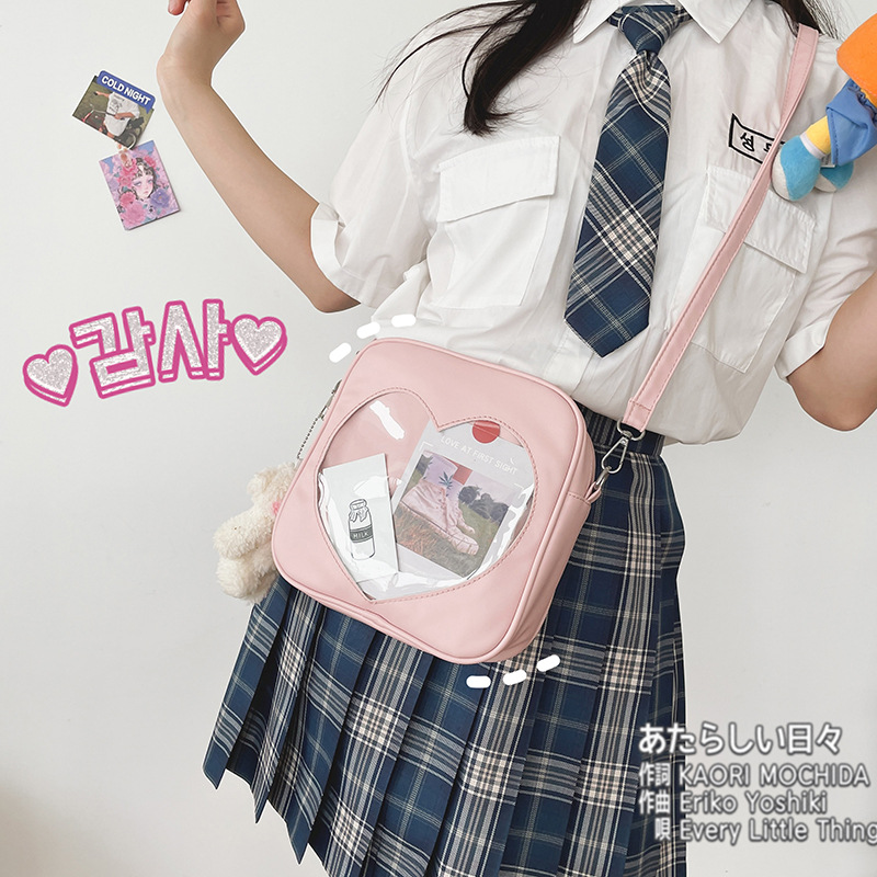 Estilo de la Universidad japonesa fresco lindo suave chica estudiante transparente amor pu bolsa de mensajero personalidad divertida bolsa de hombro para las mujeres