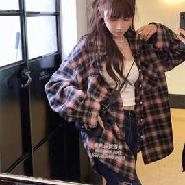 韩系长袖格子衬衫女春秋美式复古衬衣宽松慵懒风上衣外搭开衫外套