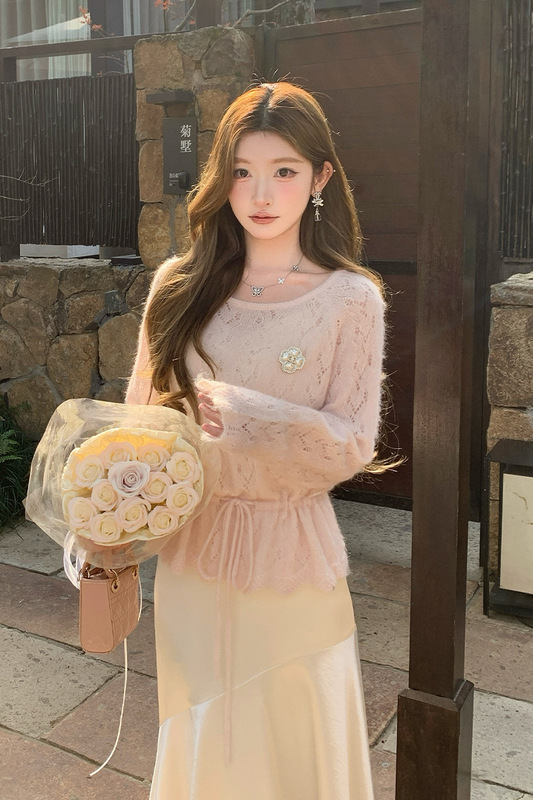 NMIOK 马海毛羊毛混纺针织上衣女2025新款韩系圆领收腰超好看毛衣|undefined