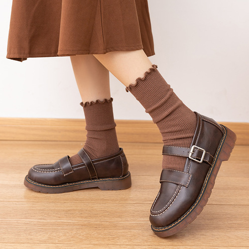 White Mulberry Border Socks for Girls, Summer Thin Mid-Calf Versatile Small Leather Shoes with Floral Edge, Spring and Autumn Pile-Up Loose Mouth Postpartum Socks