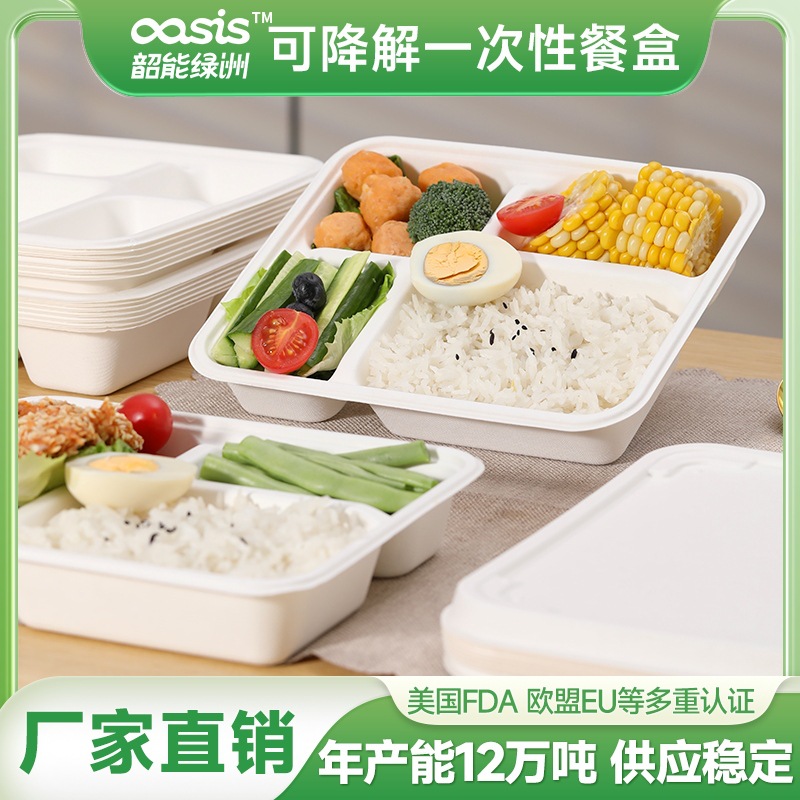 Shaogeng Oasis Pulpa de bagazo Pulpa de bambú cuatro rejilla Placa de protección del medio ambiente vajilla desechable degradable compostable